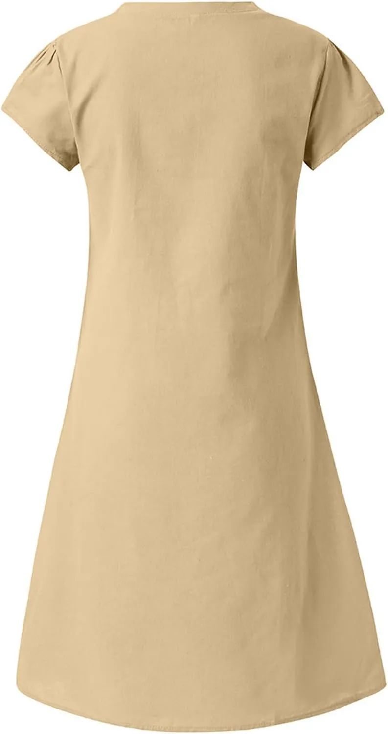 DASAYO Short Sleeve Tshirt Dresses for Women V Neck Solid Color Linen Dress Loose Fit Knee Length Summer Dress Fashion 2025