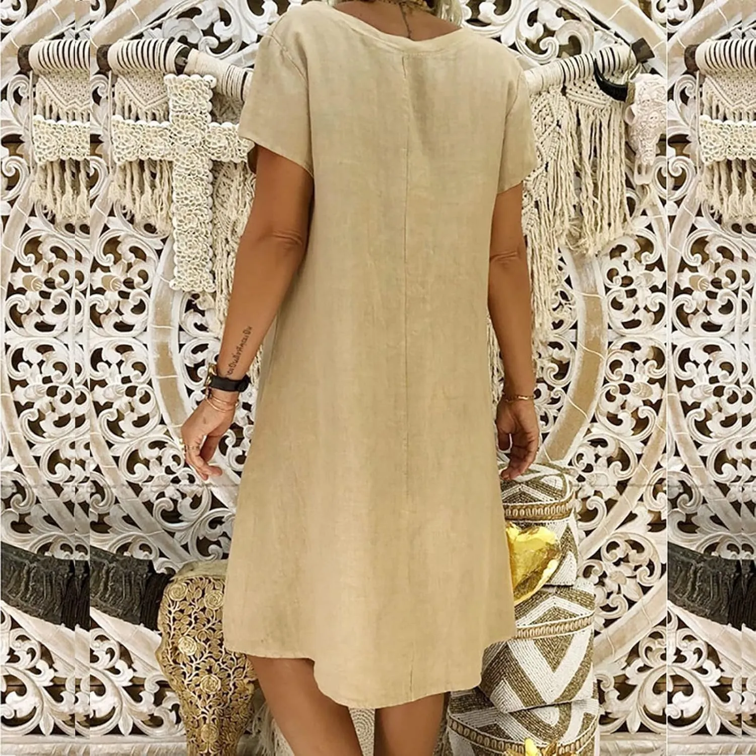 DASAYO Short Sleeve Tshirt Dresses for Women V Neck Solid Color Linen Dress Loose Fit Knee Length Summer Dress Fashion 2025