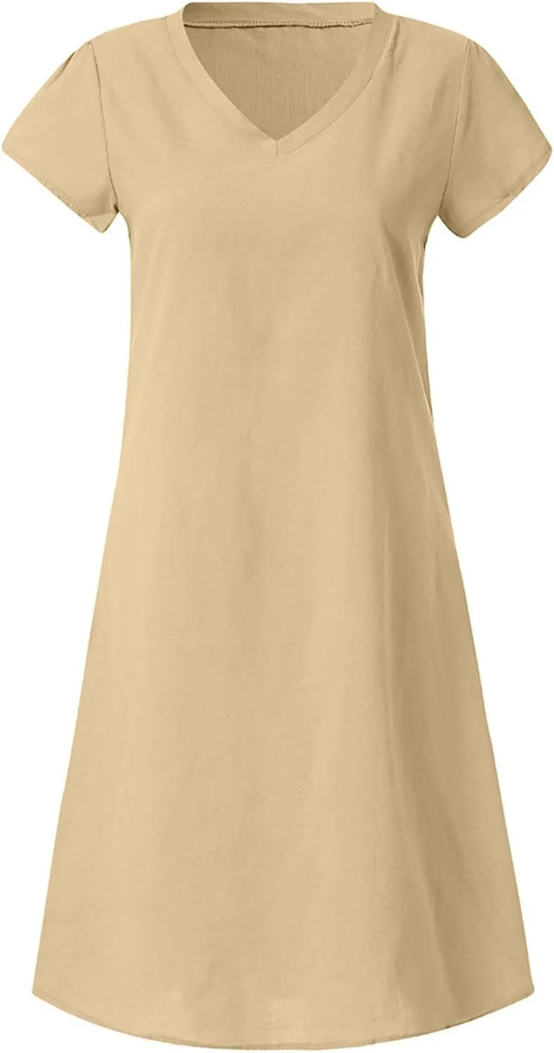 DASAYO Short Sleeve Tshirt Dresses for Women V Neck Solid Color Linen Dress Loose Fit Knee Length Summer Dress Fashion 2025