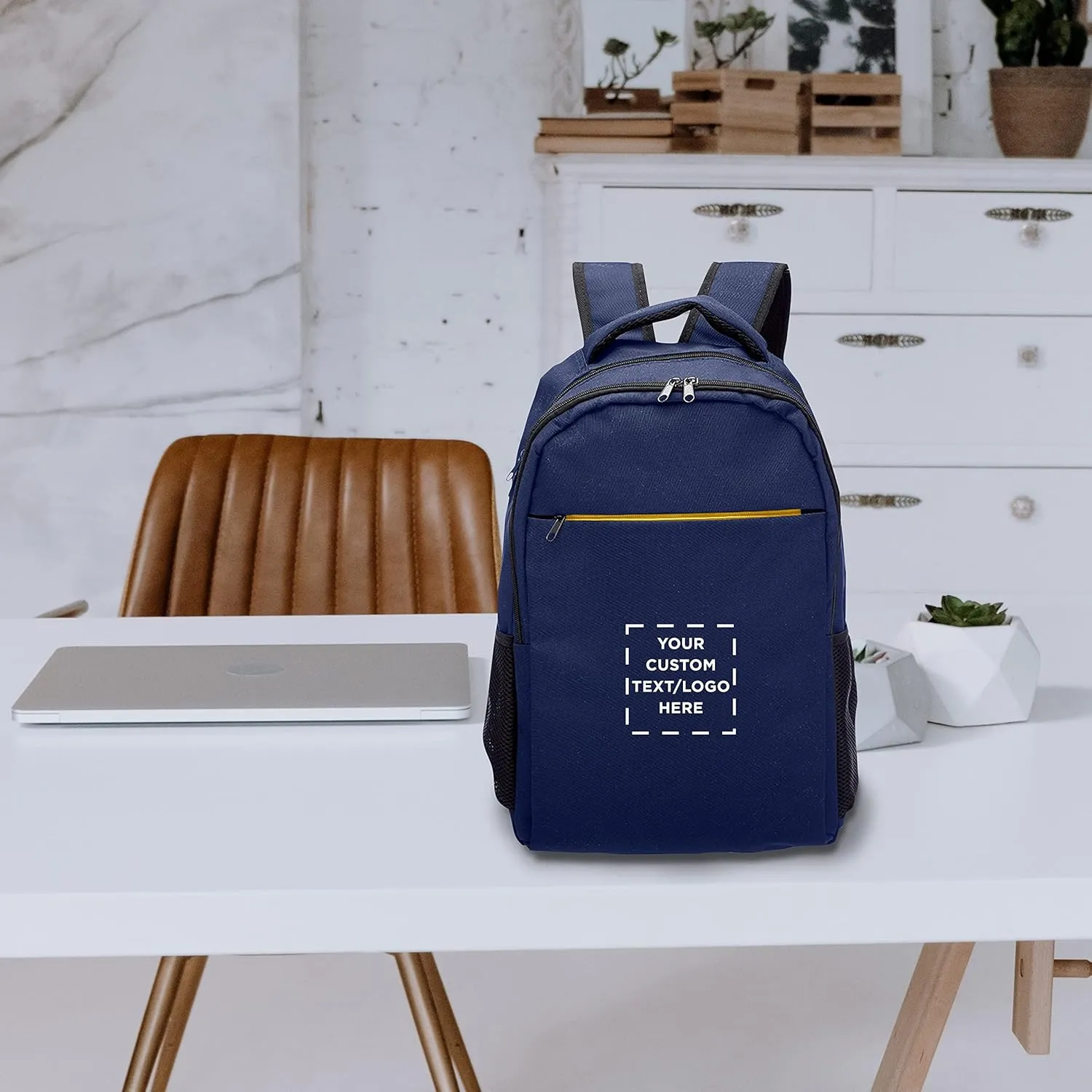 DISCOUNT PROMOS Custom Tempe Backpacks with Laptop Pocket Set of 24, Personalized Bulk Pack - Bring Everywhere You Go, Perfect for Travellers, Employees and for Everyday Use - Navy Blue