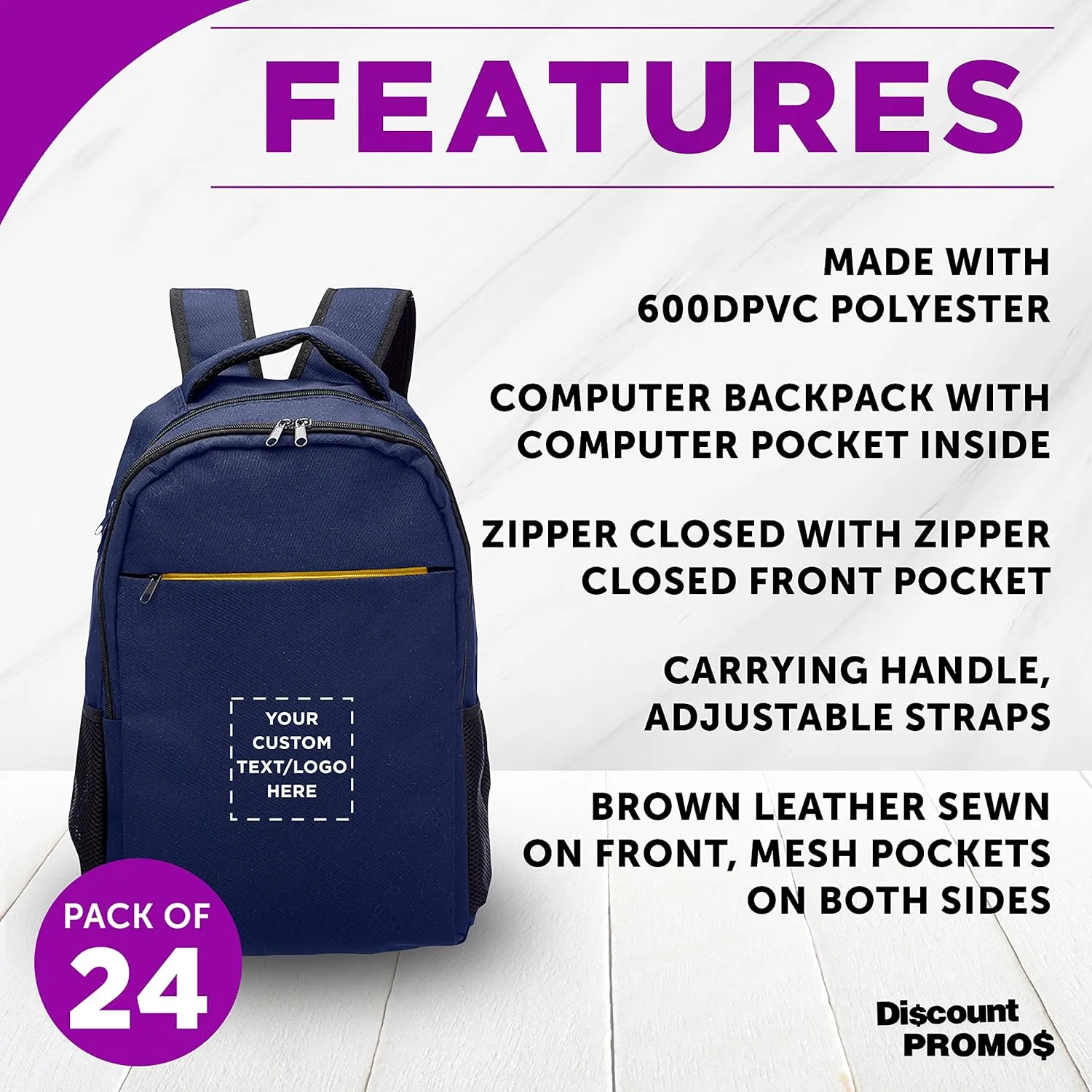 DISCOUNT PROMOS Custom Tempe Backpacks with Laptop Pocket Set of 24, Personalized Bulk Pack - Bring Everywhere You Go, Perfect for Travellers, Employees and for Everyday Use - Navy Blue