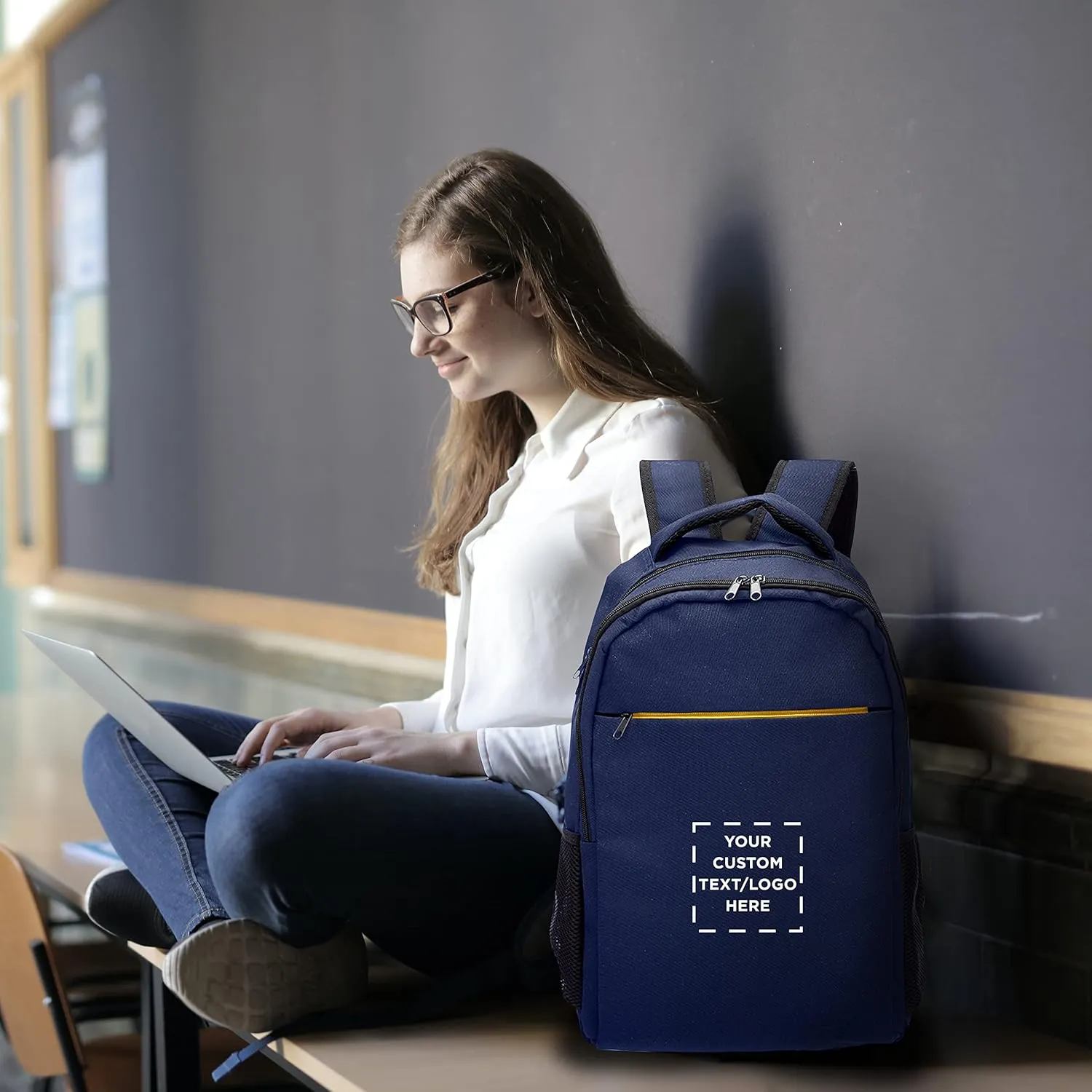 DISCOUNT PROMOS Custom Tempe Backpacks with Laptop Pocket Set of 24, Personalized Bulk Pack - Bring Everywhere You Go, Perfect for Travellers, Employees and for Everyday Use - Navy Blue