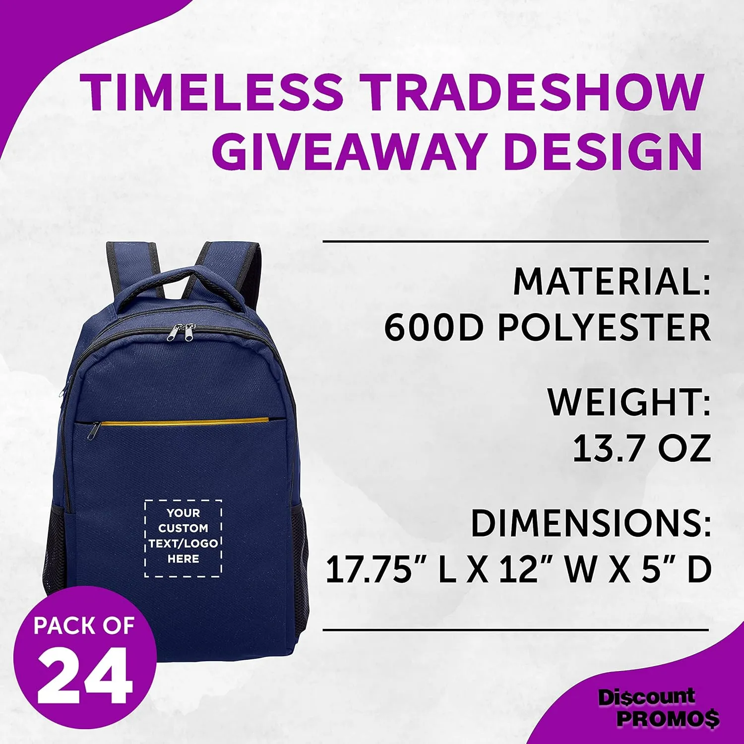 DISCOUNT PROMOS Custom Tempe Backpacks with Laptop Pocket Set of 24, Personalized Bulk Pack - Bring Everywhere You Go, Perfect for Travellers, Employees and for Everyday Use - Navy Blue