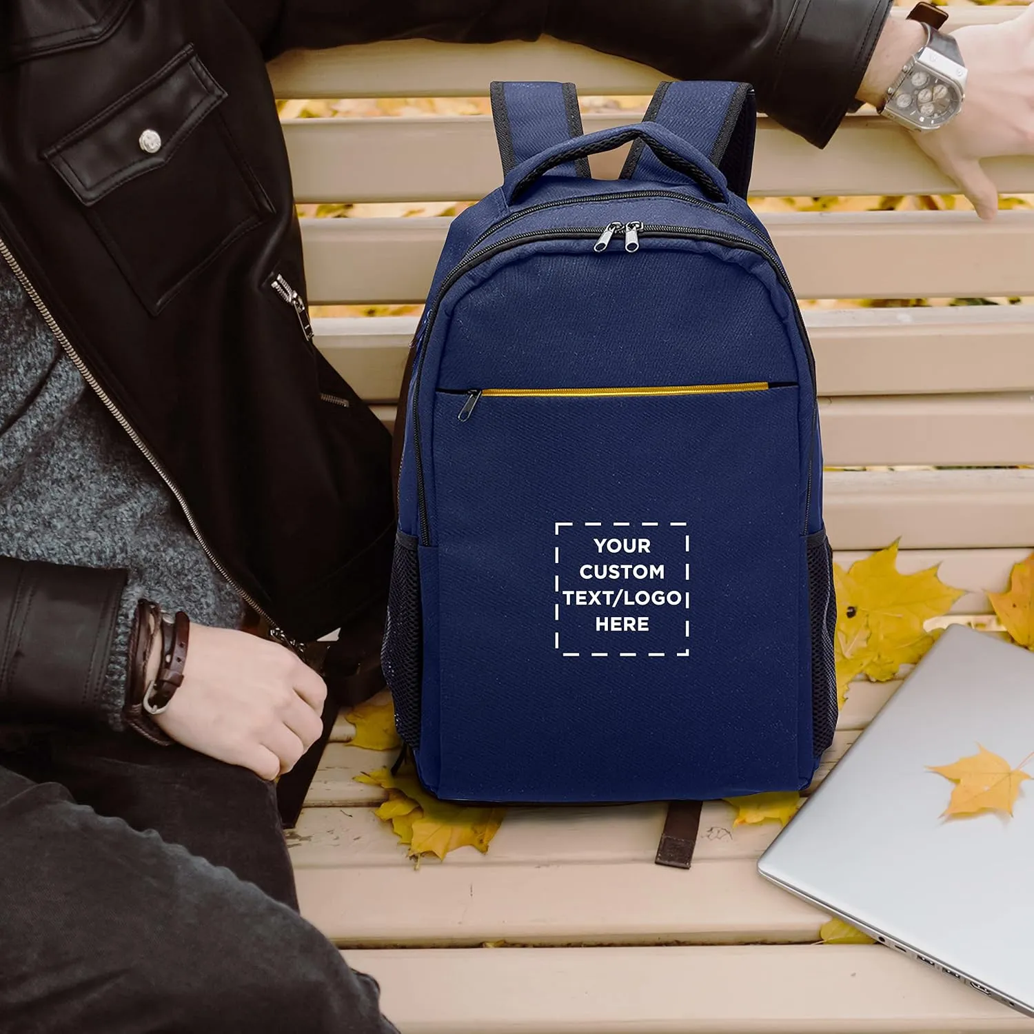 DISCOUNT PROMOS Custom Tempe Backpacks with Laptop Pocket Set of 24, Personalized Bulk Pack - Bring Everywhere You Go, Perfect for Travellers, Employees and for Everyday Use - Navy Blue