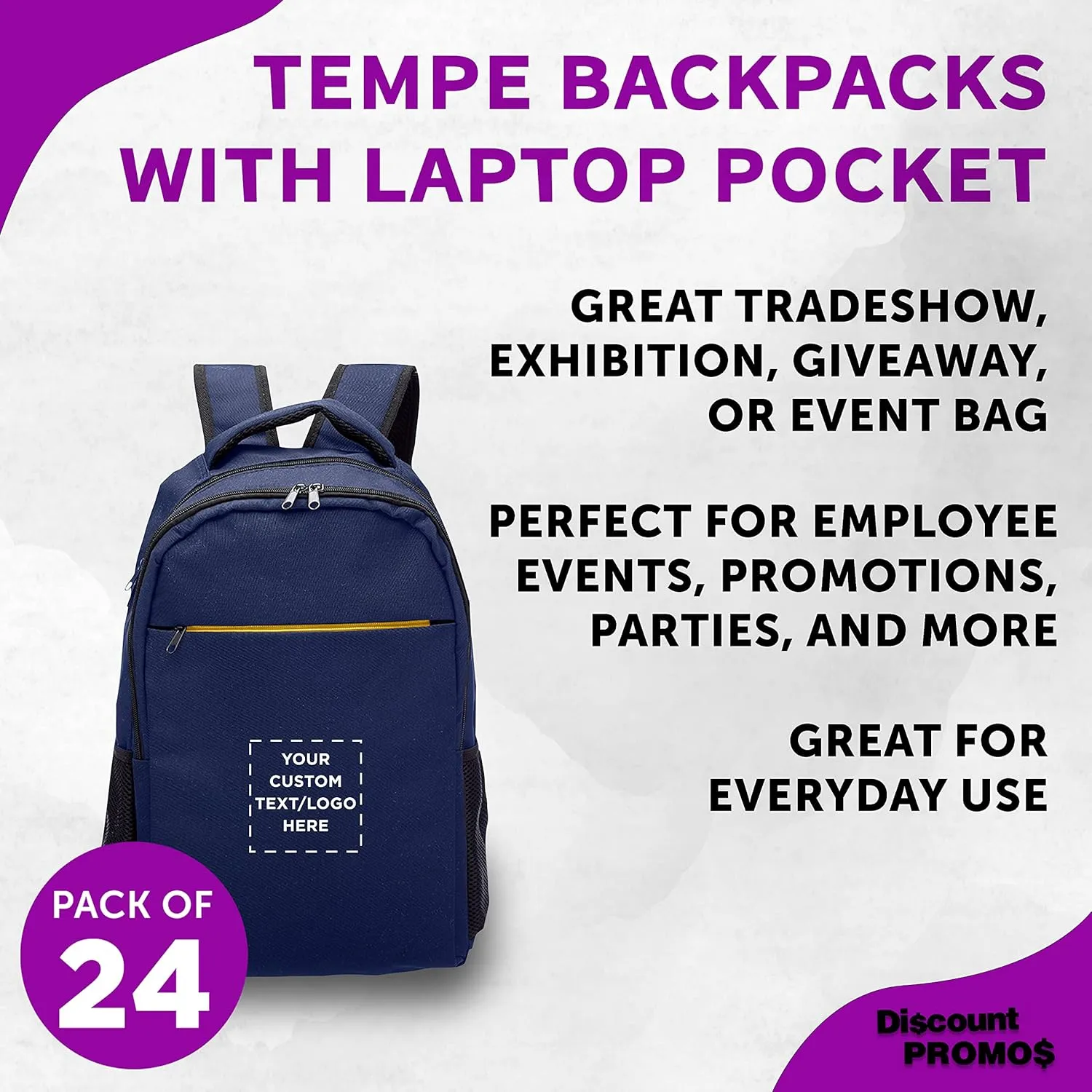 DISCOUNT PROMOS Custom Tempe Backpacks with Laptop Pocket Set of 24, Personalized Bulk Pack - Bring Everywhere You Go, Perfect for Travellers, Employees and for Everyday Use - Navy Blue
