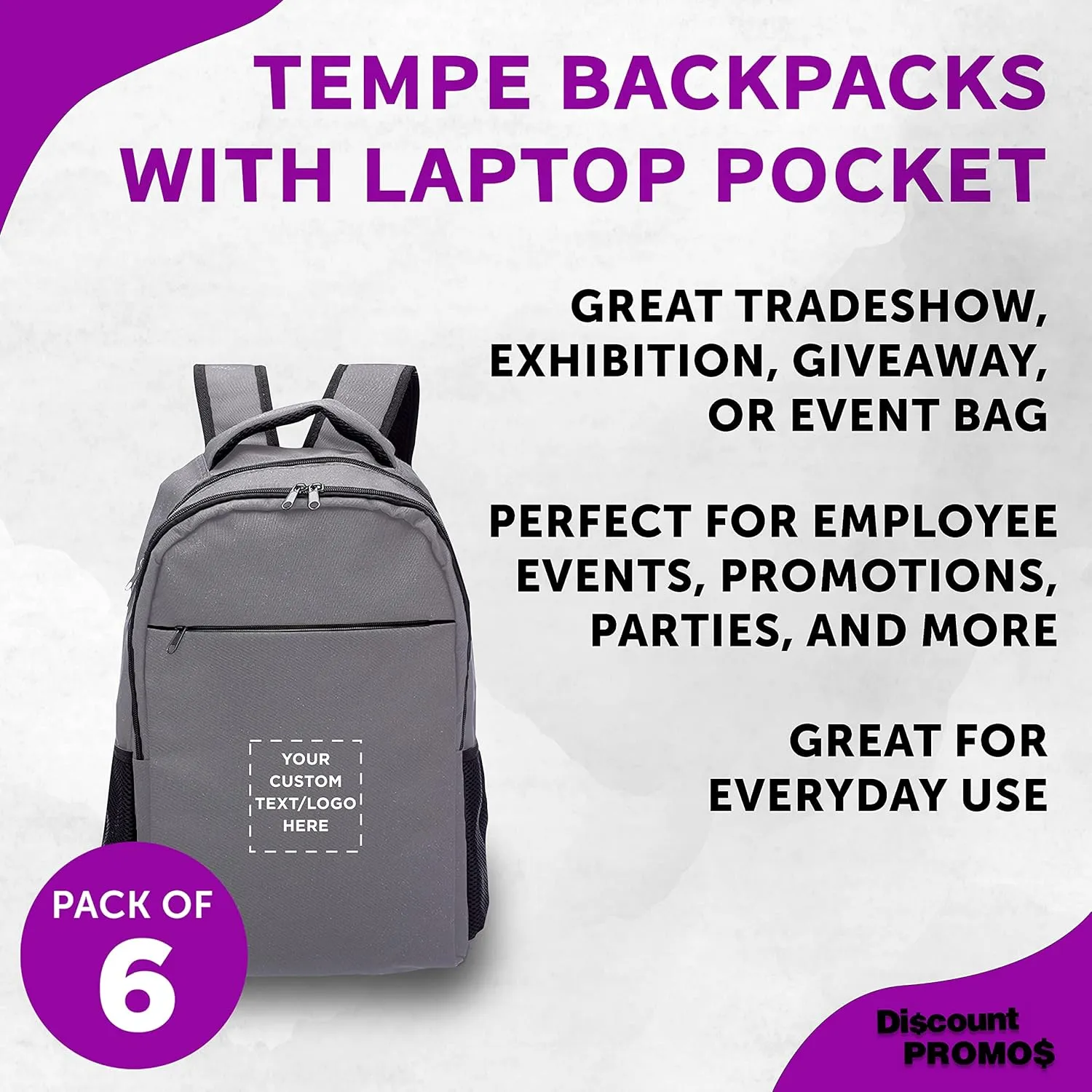 DISCOUNT PROMOS Custom Tempe Backpacks with Laptop Pocket Set of 6, Personalized Bulk Pack - Bring Everywhere You Go, Perfect for Travellers, Employees and for Everyday Use - Grey