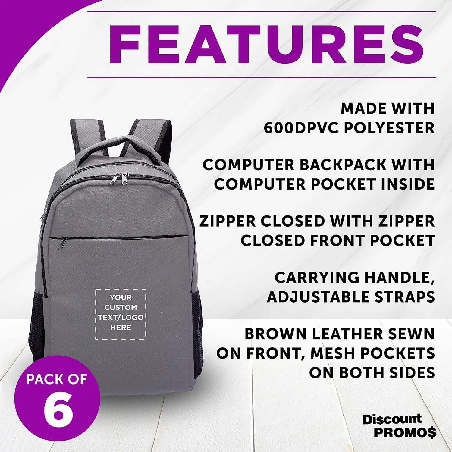 DISCOUNT PROMOS Custom Tempe Backpacks with Laptop Pocket Set of 6, Personalized Bulk Pack - Bring Everywhere You Go, Perfect for Travellers, Employees and for Everyday Use - Grey