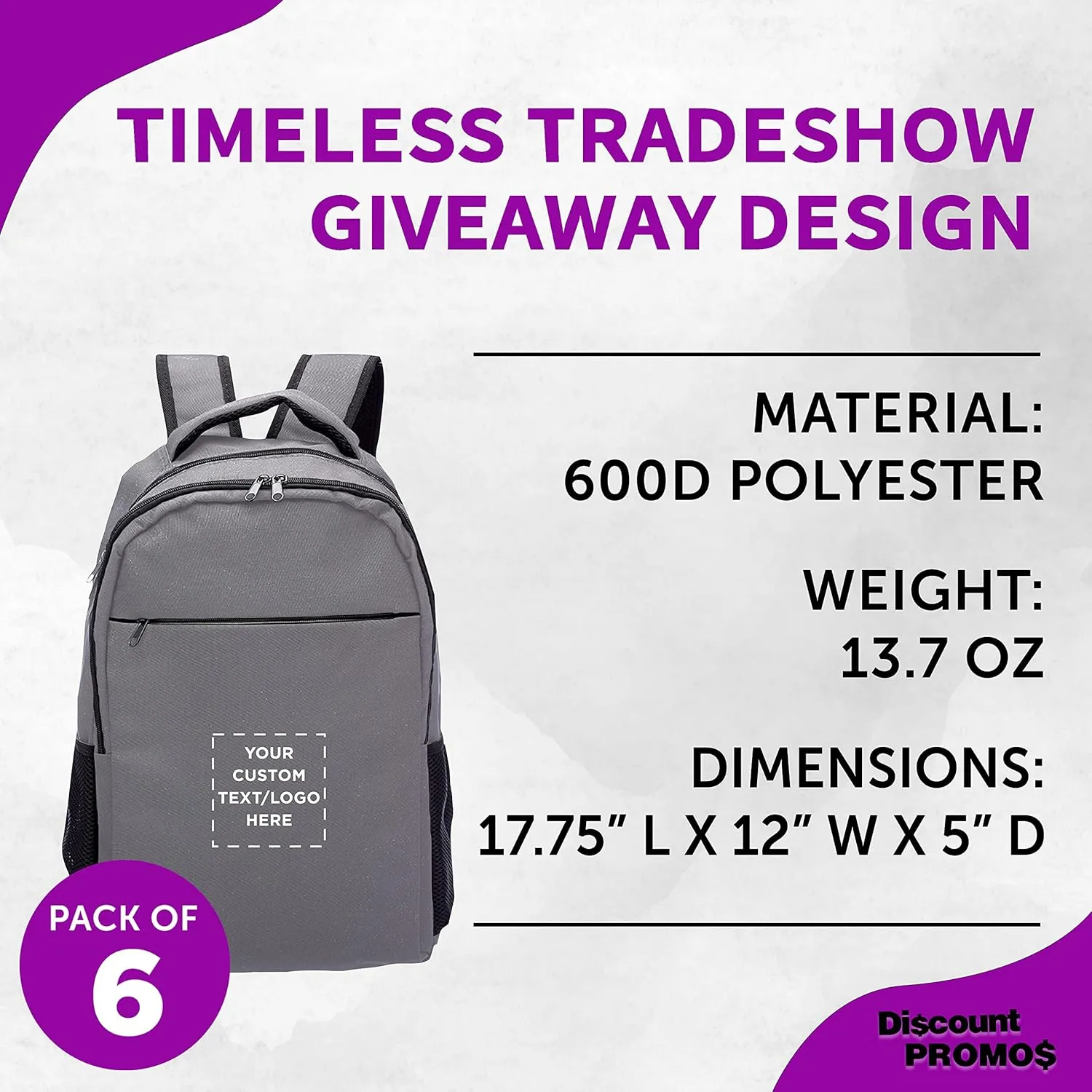DISCOUNT PROMOS Custom Tempe Backpacks with Laptop Pocket Set of 6, Personalized Bulk Pack - Bring Everywhere You Go, Perfect for Travellers, Employees and for Everyday Use - Grey
