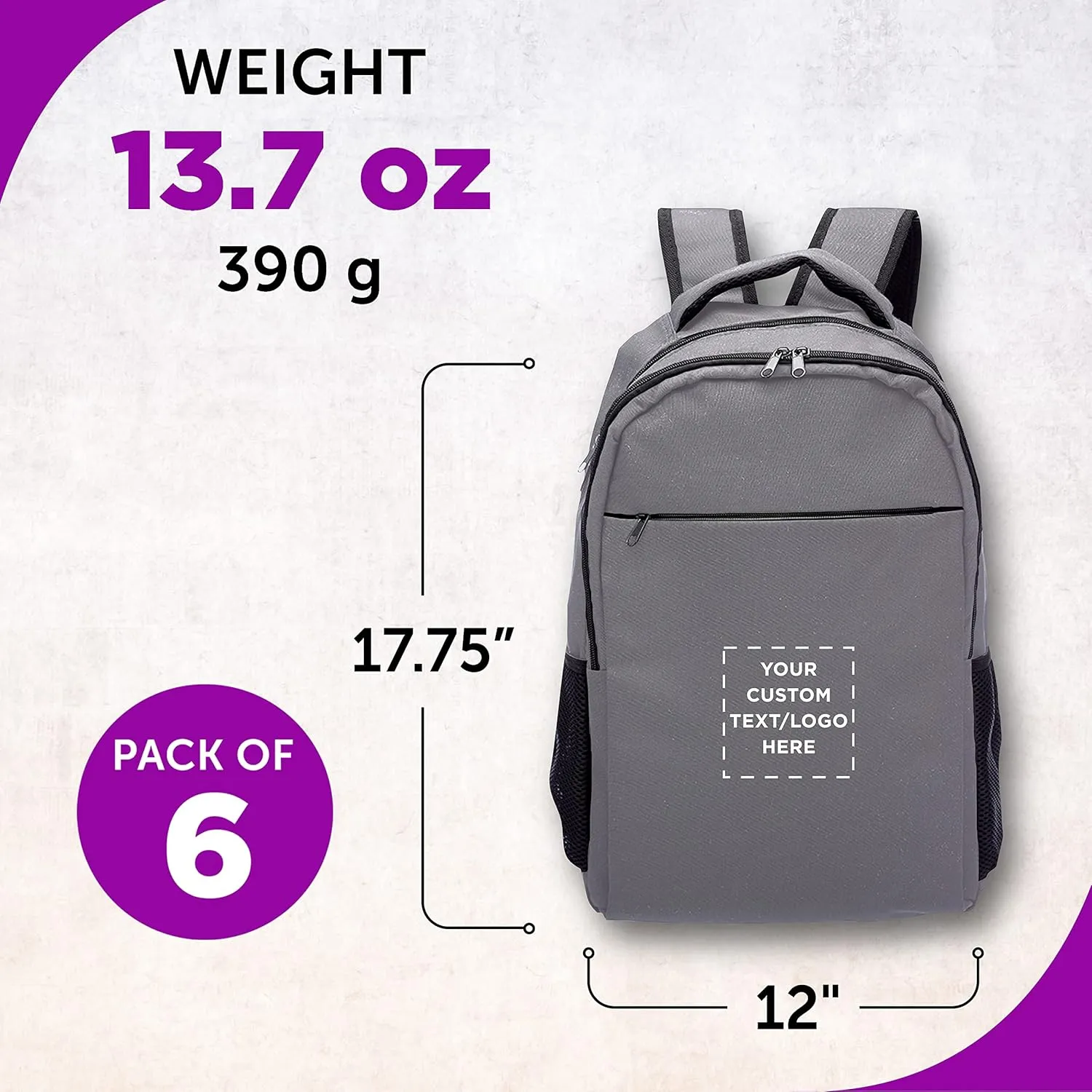 DISCOUNT PROMOS Custom Tempe Backpacks with Laptop Pocket Set of 6, Personalized Bulk Pack - Bring Everywhere You Go, Perfect for Travellers, Employees and for Everyday Use - Grey