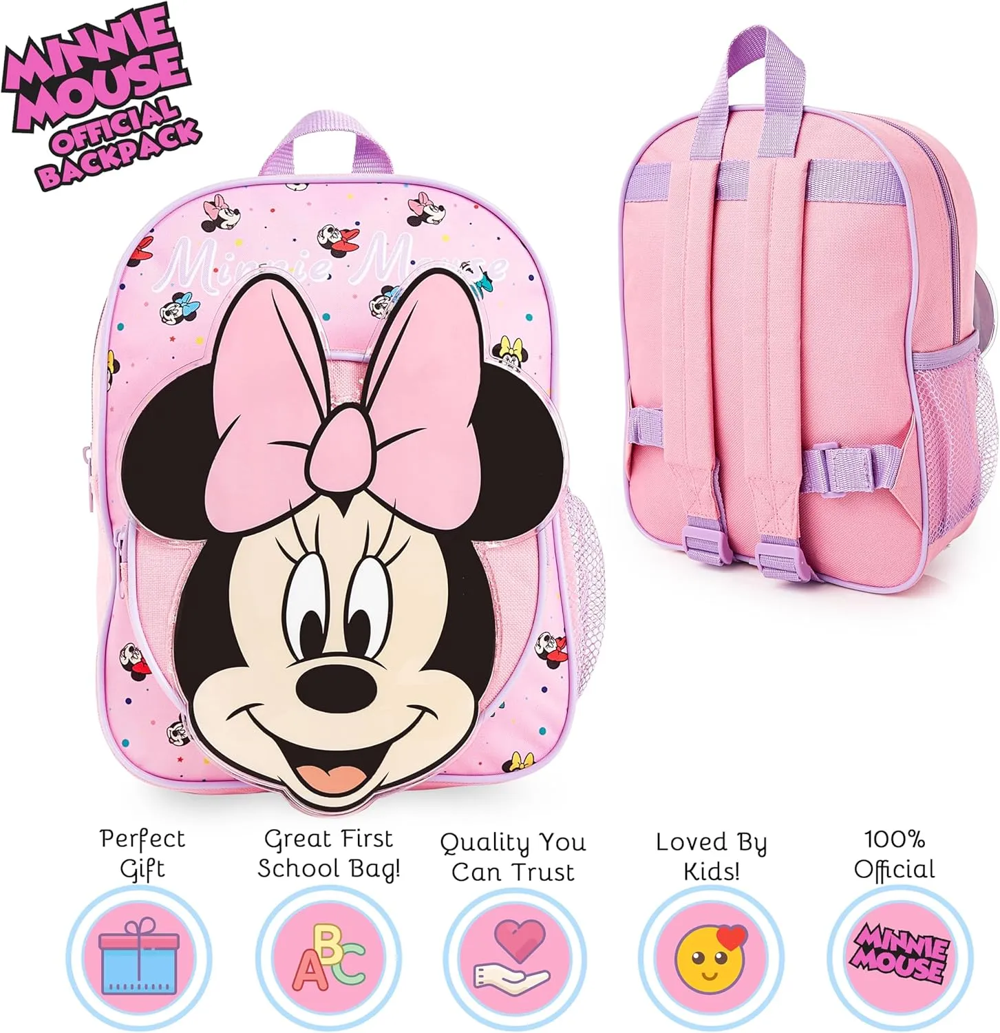 Disney Travel Backpack for Kids Toddlers Girls Backpack with Water Bottle Pocket Nursery Preschool Holidays Girls Gifts (Pink Minnie 3D)