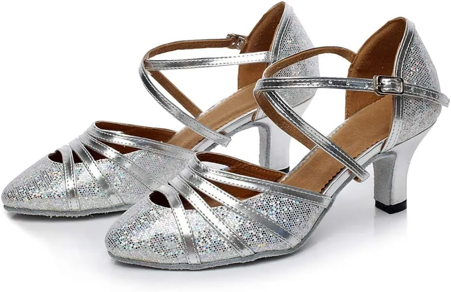 DKZSYIM Womens Latin Dance Shoes Heeled Ballroom Salsa Tango Party Sequin Wedding Performance Dance Shoes,Model QJW1017
