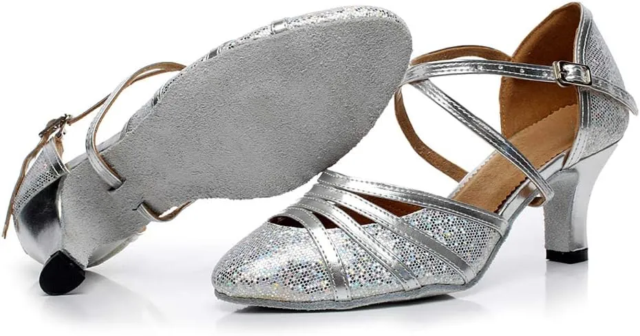 DKZSYIM Womens Latin Dance Shoes Heeled Ballroom Salsa Tango Party Sequin Wedding Performance Dance Shoes,Model QJW1017