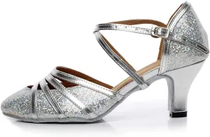 DKZSYIM Womens Latin Dance Shoes Heeled Ballroom Salsa Tango Party Sequin Wedding Performance Dance Shoes,Model QJW1017
