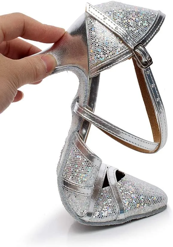 DKZSYIM Womens Latin Dance Shoes Heeled Ballroom Salsa Tango Party Sequin Wedding Performance Dance Shoes,Model QJW1017