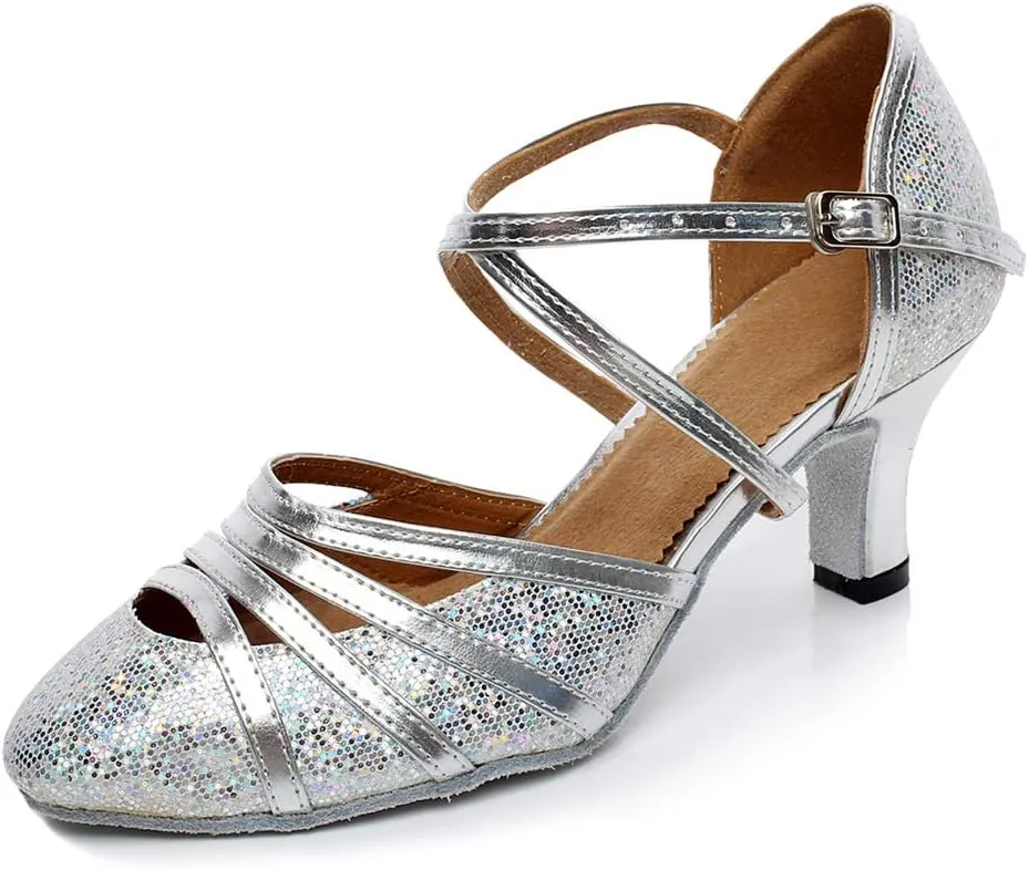 DKZSYIM Womens Latin Dance Shoes Heeled Ballroom Salsa Tango Party Sequin Wedding Performance Dance Shoes,Model QJW1017
