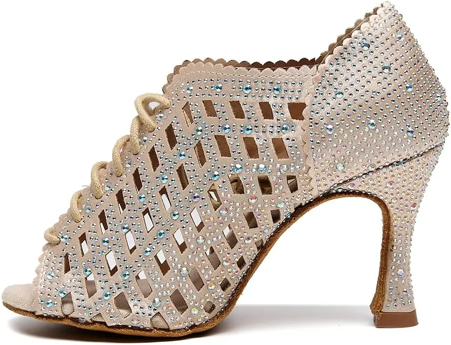 DKZSYIM Women's Open Toe Dance Boots Rhinestone Salsa Ballroom Lace-up Ankle Dance Shoes,Model QJW9001