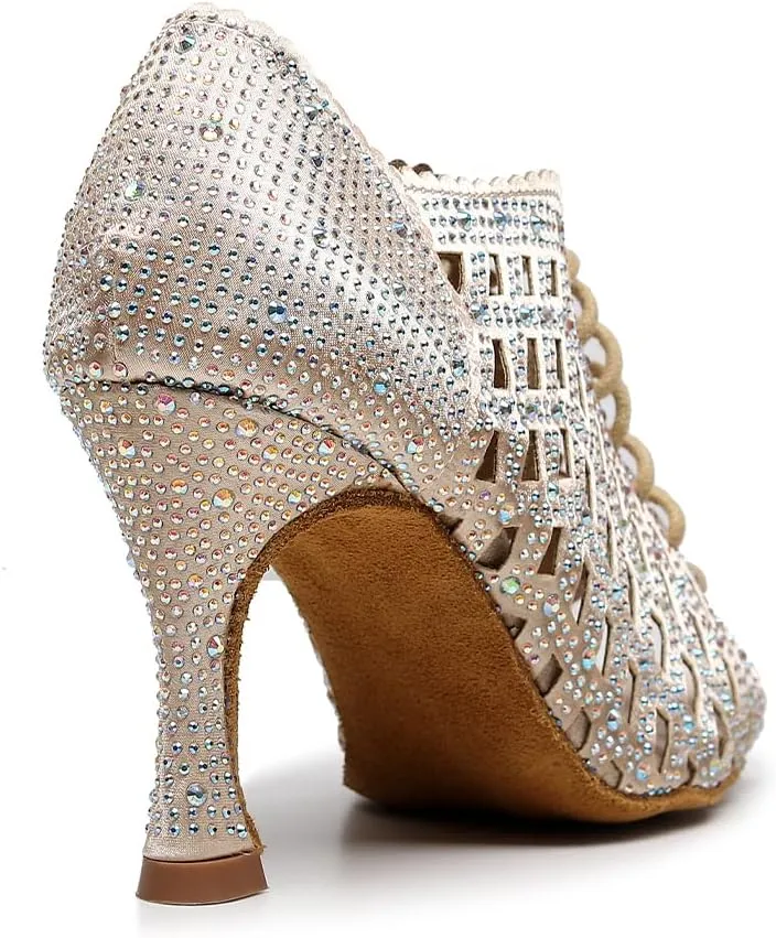 DKZSYIM Women's Open Toe Dance Boots Rhinestone Salsa Ballroom Lace-up Ankle Dance Shoes,Model QJW9001