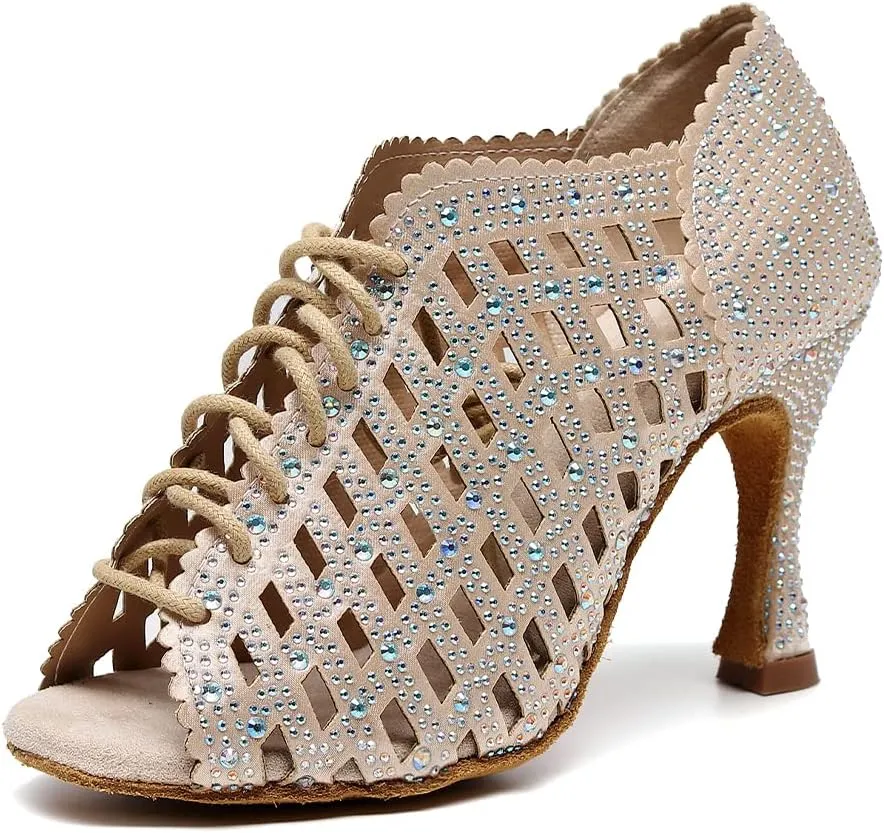 DKZSYIM Women's Open Toe Dance Boots Rhinestone Salsa Ballroom Lace-up Ankle Dance Shoes,Model QJW9001
