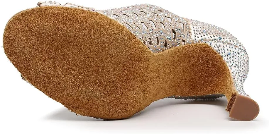 DKZSYIM Women's Open Toe Dance Boots Rhinestone Salsa Ballroom Lace-up Ankle Dance Shoes,Model QJW9001