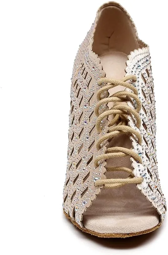 DKZSYIM Women's Open Toe Dance Boots Rhinestone Salsa Ballroom Lace-up Ankle Dance Shoes,Model QJW9001