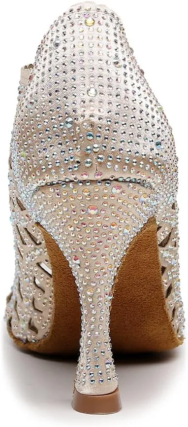 DKZSYIM Women's Open Toe Dance Boots Rhinestone Salsa Ballroom Lace-up Ankle Dance Shoes,Model QJW9001