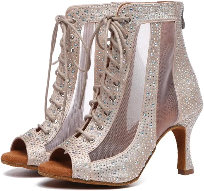 DKZSYIM Women's Open Toe Dance Boots Rhinestone Salsa Ballroom Lace-up Ankle Dance Shoes,Model YCL501