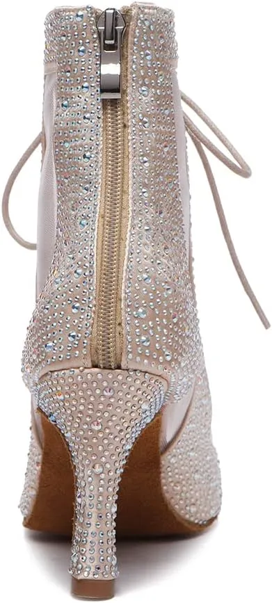 DKZSYIM Women's Open Toe Dance Boots Rhinestone Salsa Ballroom Lace-up Ankle Dance Shoes,Model YCL501
