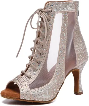 DKZSYIM Women's Open Toe Dance Boots Rhinestone Salsa Ballroom Lace-up Ankle Dance Shoes,Model YCL501