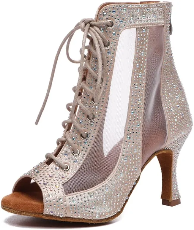 DKZSYIM Women's Open Toe Dance Boots Rhinestone Salsa Ballroom Lace-up Ankle Dance Shoes,Model YCL501