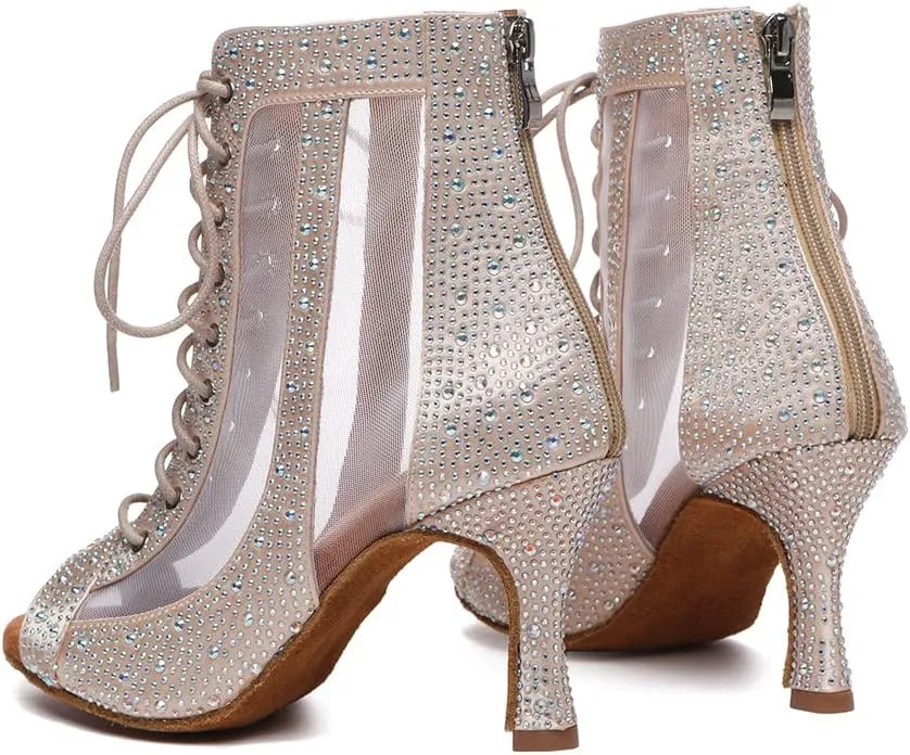 DKZSYIM Women's Open Toe Dance Boots Rhinestone Salsa Ballroom Lace-up Ankle Dance Shoes,Model YCL501