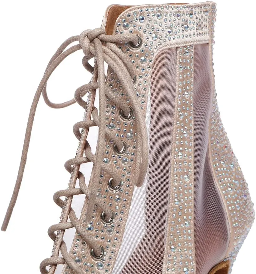 DKZSYIM Women's Open Toe Dance Boots Rhinestone Salsa Ballroom Lace-up Ankle Dance Shoes,Model YCL501