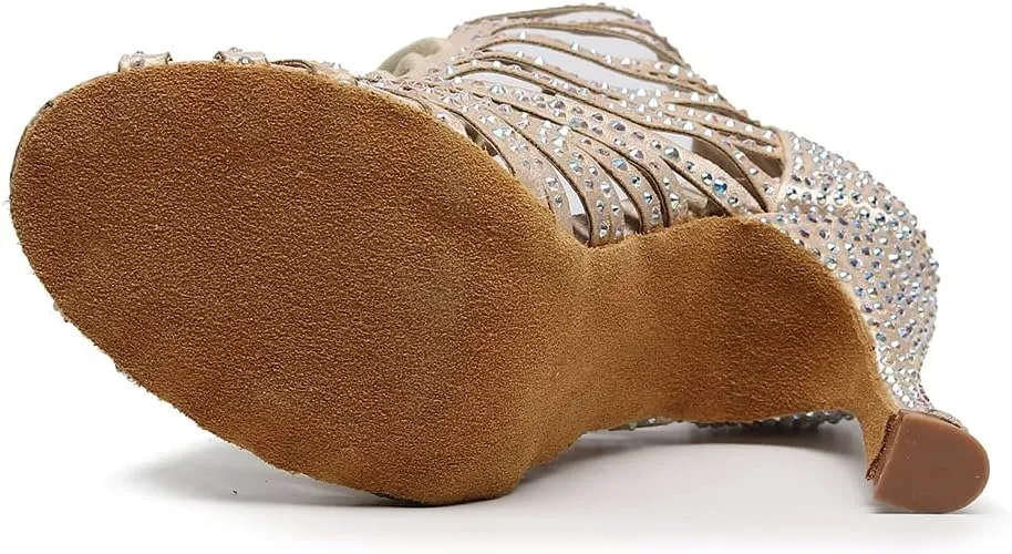 DKZSYIM Women's Open Toe Dance Boots Rhinestone Salsa Ballroom Lace-up Dance Shoes,Model QJW9001
