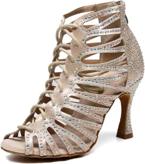 DKZSYIM Women's Open Toe Dance Boots Rhinestone Salsa Ballroom Lace-up Dance Shoes,Model QJW9001