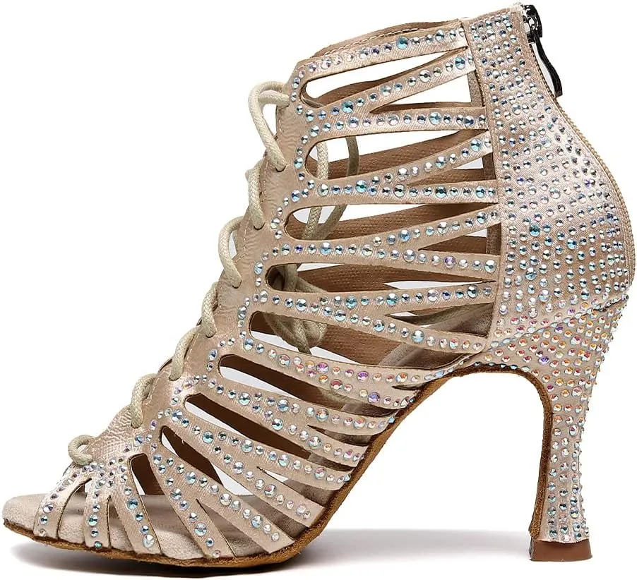 DKZSYIM Women's Open Toe Dance Boots Rhinestone Salsa Ballroom Lace-up Dance Shoes,Model QJW9001
