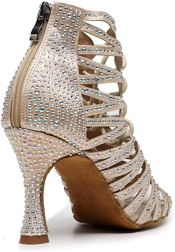 DKZSYIM Women's Open Toe Dance Boots Rhinestone Salsa Ballroom Lace-up Dance Shoes,Model QJW9001