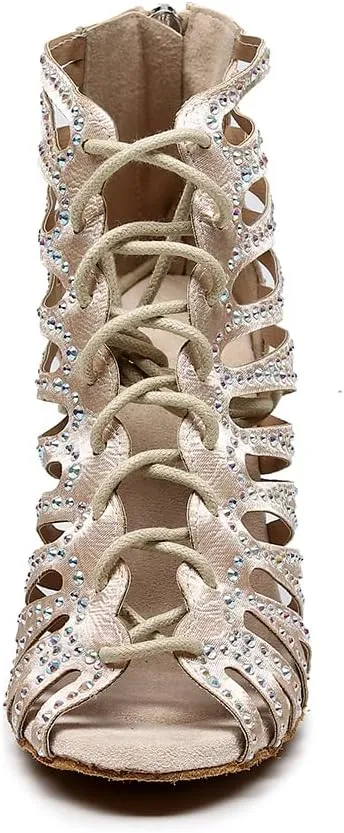 DKZSYIM Women's Open Toe Dance Boots Rhinestone Salsa Ballroom Lace-up Dance Shoes,Model QJW9001