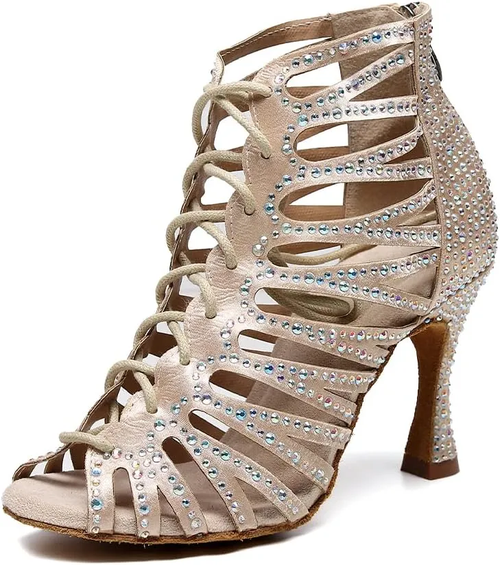 DKZSYIM Women's Open Toe Dance Boots Rhinestone Salsa Ballroom Lace-up Dance Shoes,Model QJW9001