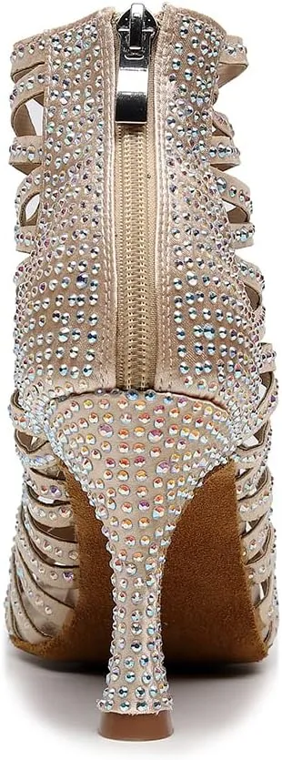 DKZSYIM Women's Open Toe Dance Boots Rhinestone Salsa Ballroom Lace-up Dance Shoes,Model QJW9001