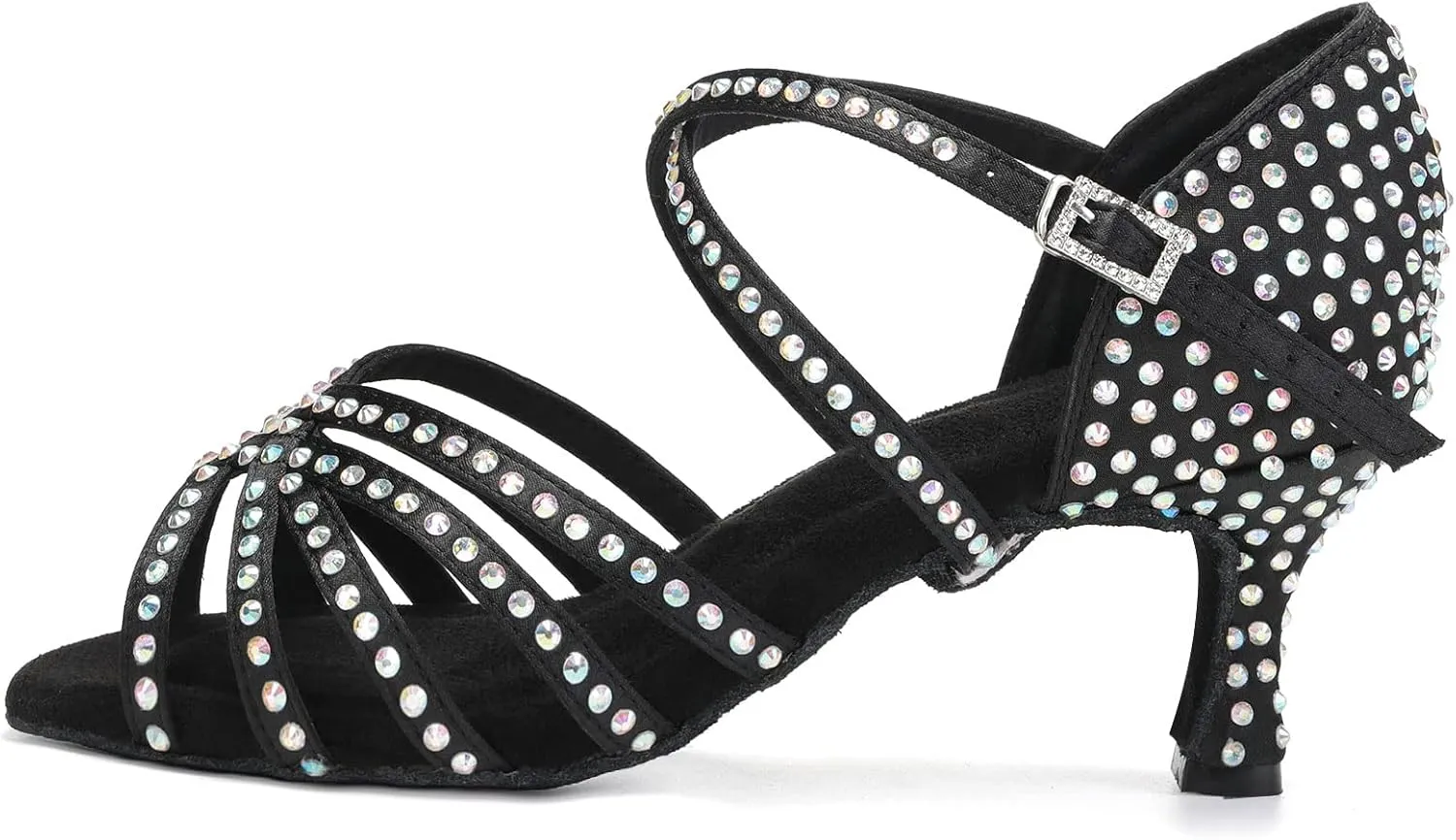DKZSYIM Women's Satin Latin Dance Shoes Rhinestone Ballroom Salsa Performance Practice Dancing Shoes,AFCT40403-Black-6.5,US 7