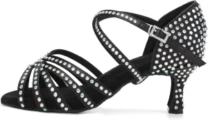 DKZSYIM Women's Satin Latin Dance Shoes Rhinestone Ballroom Salsa Performance Practice Dancing Shoes,AFCT40403-Black-6.5,US 7