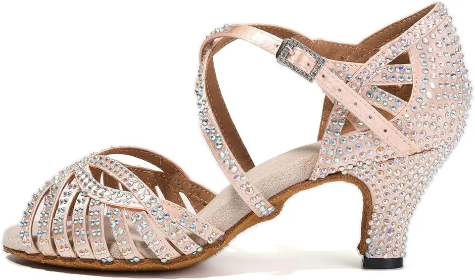 DKZSYIM Women's Satin Latin Dance Shoes Rhinestone Ballroom Salsa Performance Practice Dancing Shoes,Model YCL380