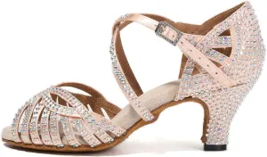 DKZSYIM Women's Satin Latin Dance Shoes Rhinestone Ballroom Salsa Performance Practice Dancing Shoes,Model YCL380