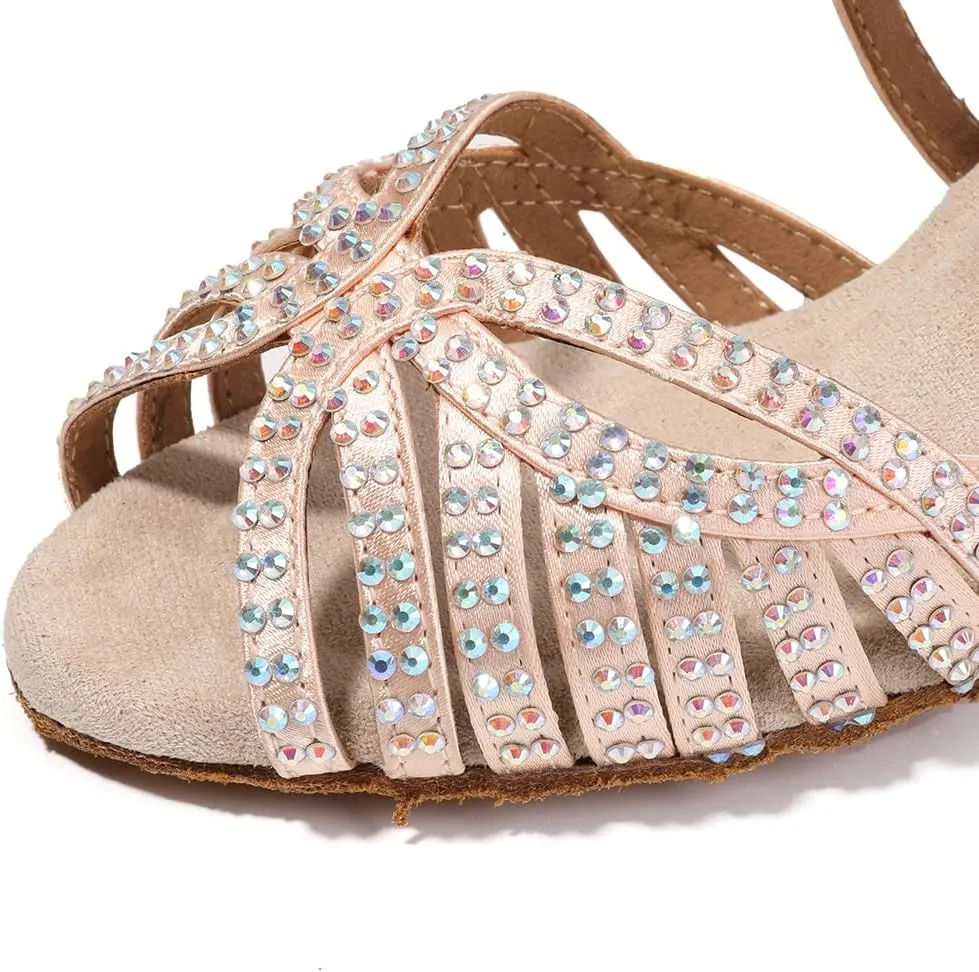 DKZSYIM Women's Satin Latin Dance Shoes Rhinestone Ballroom Salsa Performance Practice Dancing Shoes,Model YCL380