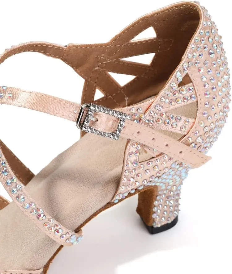 DKZSYIM Women's Satin Latin Dance Shoes Rhinestone Ballroom Salsa Performance Practice Dancing Shoes,Model YCL380