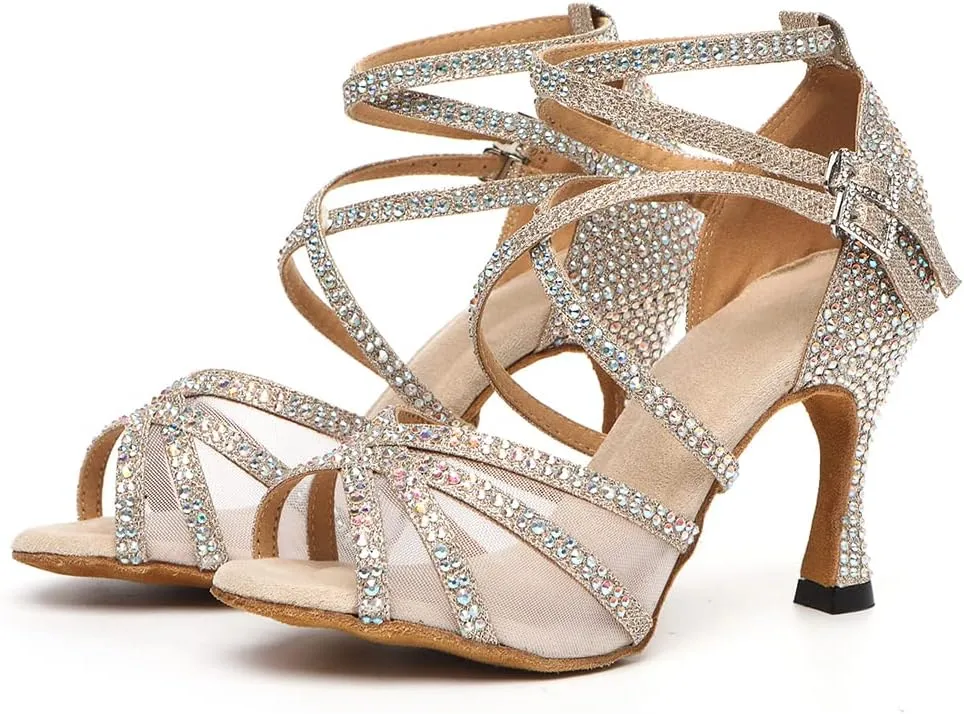 DKZSYIM Women's Satin Latin Dance Shoes Rhinestone Ballroom Salsa Performance Practice Dancing Shoes,Model YCL506