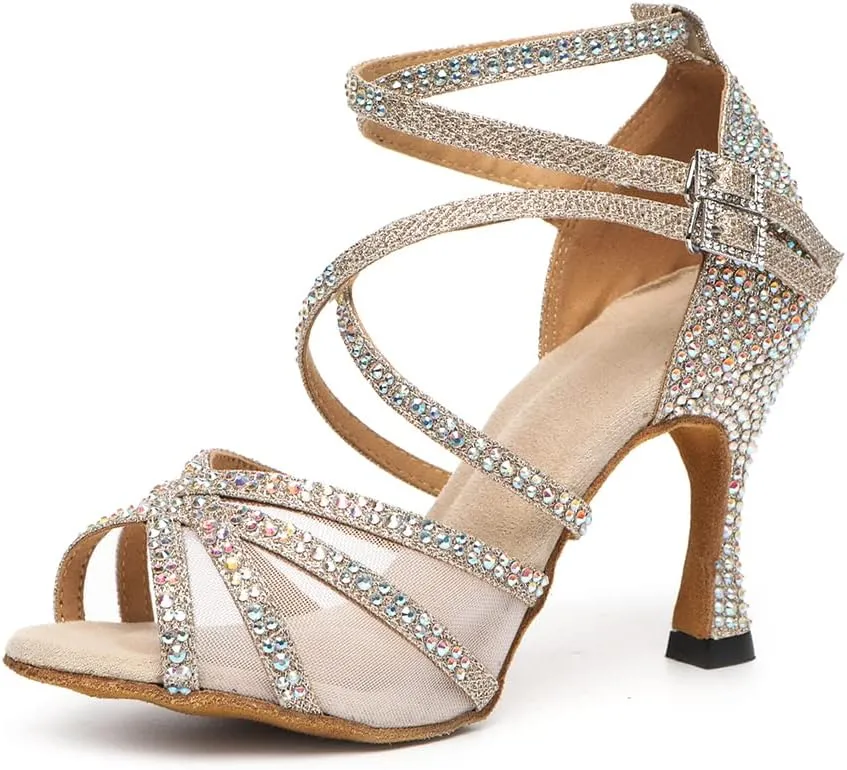 DKZSYIM Women's Satin Latin Dance Shoes Rhinestone Ballroom Salsa Performance Practice Dancing Shoes,Model YCL506