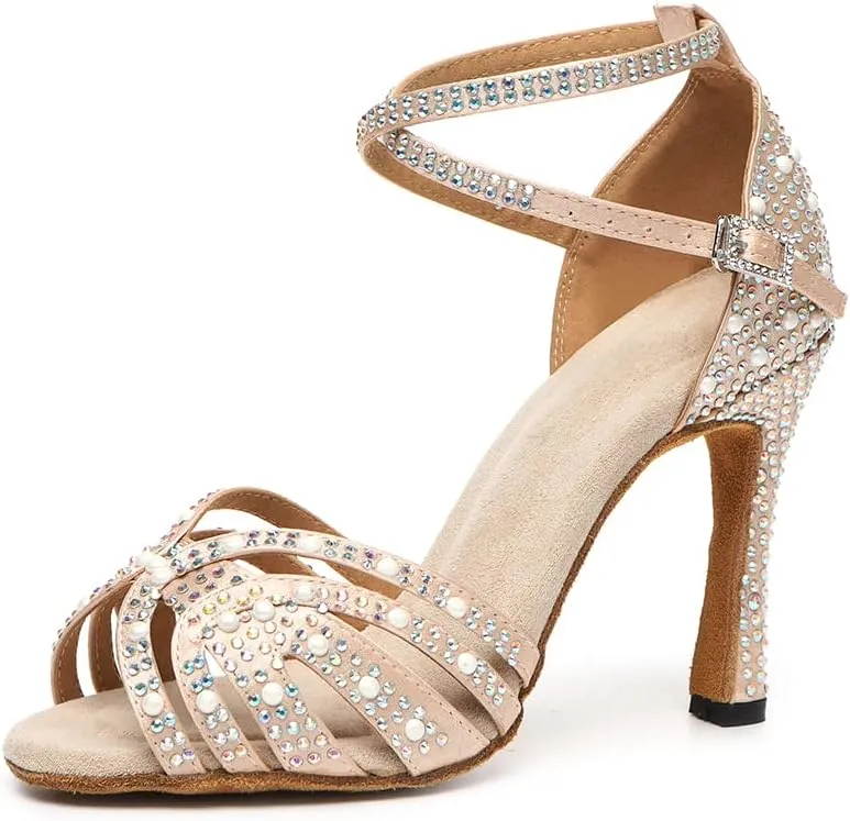 DKZSYIM Women's Satin Latin Dance Shoes Rhinestone Ballroom Salsa Performance Practice Dancing Shoes,Model YCL506