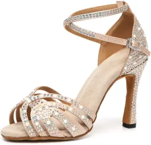 DKZSYIM Women's Satin Latin Dance Shoes Rhinestone Ballroom Salsa Performance Practice Dancing Shoes,Model YCL506