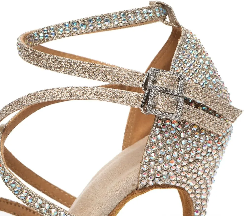 DKZSYIM Women's Satin Latin Dance Shoes Rhinestone Ballroom Salsa Performance Practice Dancing Shoes,Model YCL506