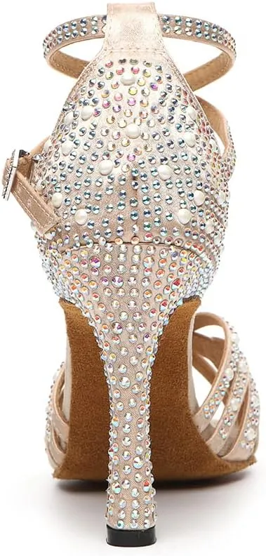 DKZSYIM Women's Satin Latin Dance Shoes Rhinestone Ballroom Salsa Performance Practice Dancing Shoes,Model YCL506
